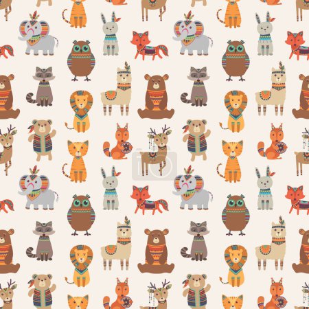 Illustration for Tribal animal seamless pattern. Ethnic style animals vector texture. Illustration of indian lama and racoon, rabbit and fox - Royalty Free Image