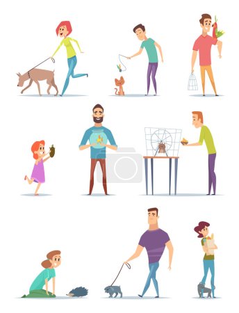 Illustration for Animal owners. Happy domestic pets with young male and female holders animals cats dogs walking vector cartoons. Illustration of animal dog friend and happy owner with hedgehog and hamster - Royalty Free Image