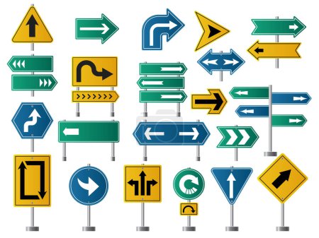 Illustration for Arrows direction. Road signs for street or highway traffic navigation vector pictures of arrows. Illustration of roadside signpost, roadsign and board guide - Royalty Free Image