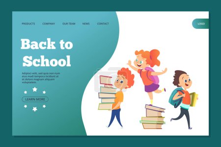 Illustration for Back to school landing template. Web banner with vector cartoon students. Education and study, schoolkid back to school illustration - Royalty Free Image
