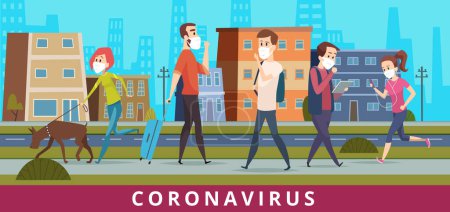 Illustration for Coronavirus. People in city air nCoV virus protection walking in mask pollution vector healthcare medical concept cartoon background. Illustration protection coronavirus, protective and prevention - Royalty Free Image