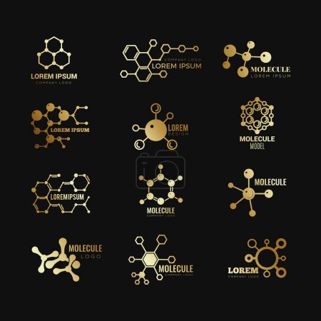 Téléchargez les illustrations : Logotypes de vecteurs moléculaires dorés. Concept d'évolution formule chimie technologie génétique icônes ensemble. Atome moléculaire d'or, recherche chimique, molécules et ADN illustration scientifique - en licence libre de droit