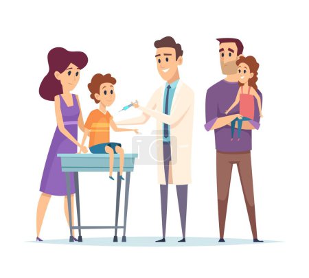 Illustration for Family doctor. Pediatrician, vaccination vector illustration. Happy family and doctor characters. Kids immunization, medical help. Pediatrician vaccination, doctor immunization illustration - Royalty Free Image