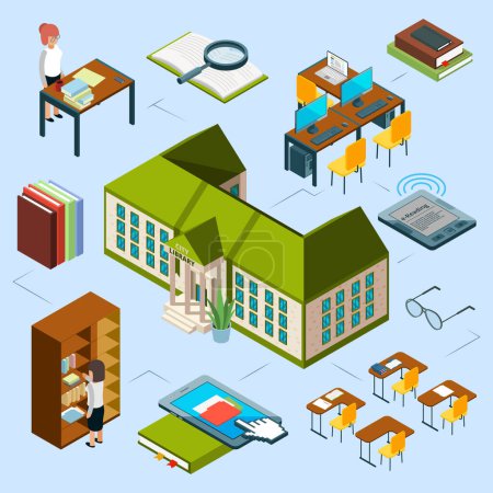 Illustration for Isometric library vector concept. 3D public library building, computer area, e-reading books, librarians, bookshelf. Library building, textbook 3d and e-book illustration - Royalty Free Image