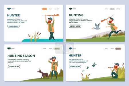 Illustration for Hunting web pages. Hunter with gun, dog, ducks vector banners. Hunting to duck, man with shotgun illustration - Royalty Free Image