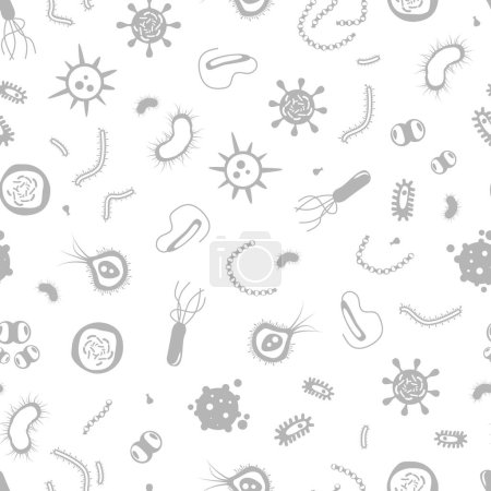 Ilustración de Patrón de microbios. Bacterias y virus biología pandemia vector monocromo textura sin costura. Biología de microorganismos, ilustración de bacterias científicas - Imagen libre de derechos