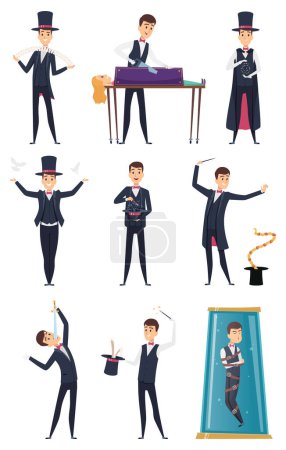 Ilustración de Mago. Masculino showmen artista en traje negro y guantes blancos trucos de magia vectorial personajes de dibujos animados. Artista mágico, espectáculo, ilusionista e ilustración de mago - Imagen libre de derechos