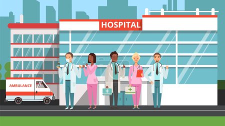 Medical team. Doctors and nurses, hospital building and ambulance. Medicine vector illustration. Medical ambulance, hospital building and emergency team