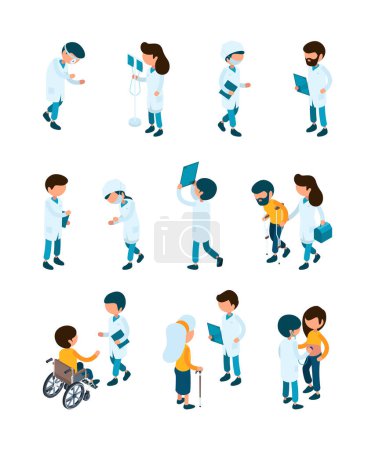 Illustration for Patient and doctors. Medical staff and patients in clinic reception hospital workers help service vector healthcare isometric people. Medicine healthcare, illustration of patients - Royalty Free Image