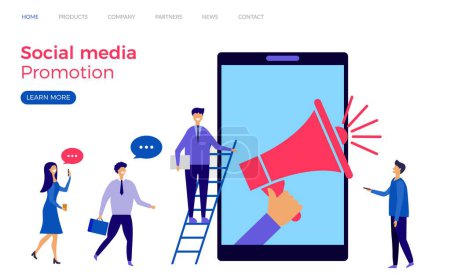 Illustration for Social media promotion landing page vector template. Illustration of social promotion media, web marketing technology - Royalty Free Image