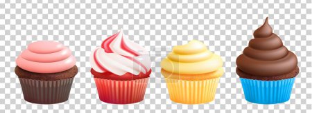 Téléchargez les illustrations : Cupcakes réalistes à la crème. Muffins vectoriels isolés sur fond transparent. Illustration de cupcake chocolat, gâteau pour anniversaire - en licence libre de droit