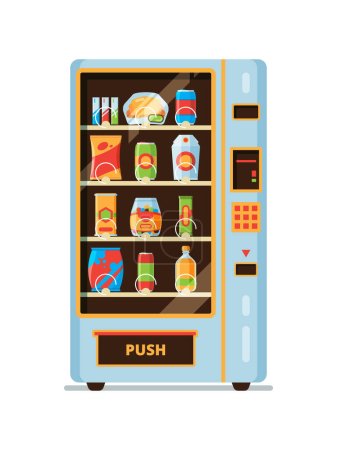 Vending machine. Snack crackers junk food soda drinks saling in vending automat vector cartoon collection. Vending automatic machine with snack and drink illustration