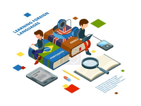 Illustration for Studying foreign languages. Books vocabulary and students speak on various languages online learning vector isometric concept. Illustration of student study with vocabulary and dictionary - Royalty Free Image