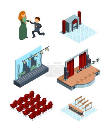 Illustration for Theater stage decoration. Isometric interior of opera or ballet hall theater seats actors red curtains vector pictures. Illustration of theater stage, show entertainment performance - Royalty Free Image