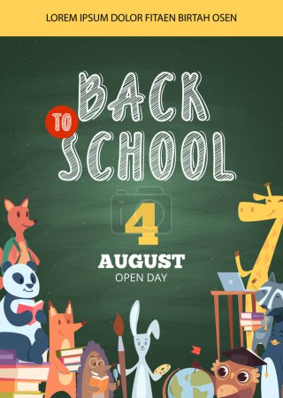 Illustration for Back to school poster. Open day party event invitation placard pictures of funny school cartoon animals vector banner flyer. Illustration of back school poster with fox and owl, hedgehog and giraffe - Royalty Free Image