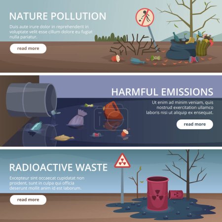 Illustration for Waste nature banners. Toxic trash in rivers and oceans pollution factory problems air vector pictures. Garbage trash, industry polluted, urban impact harmful emission illustration - Royalty Free Image
