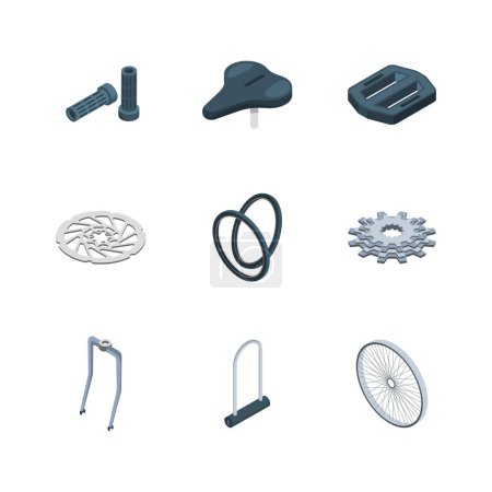 Illustration for Bike parts. Bicycles components mechanical saddle fork crank seat hub vector isometric icons collection. Illustration of bicycle component isometric, bike saddle and cog wheel - Royalty Free Image