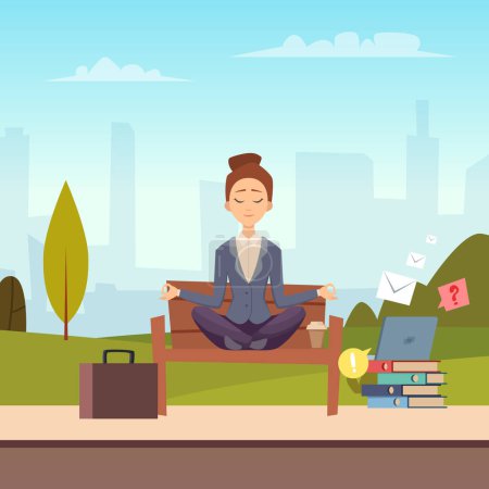 Ilustración de Meditación empresaria en la ilustración vectorial del parque de la ciudad. Mujer hacer yoga, meditación de negocios en el parque - Imagen libre de derechos