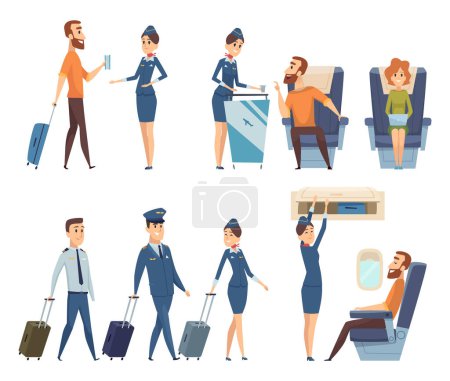 Illustration for Airplane passengers. Stewardess in uniform boarding airplane safety vector cartoon characters. Illustration of flight attendant, woman hostess and passenger - Royalty Free Image