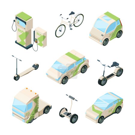 Illustration for Eco transport. Cars electric scooter skate bikes gyrocopter bus isometric ecology technics vector pictures. Car isometric transportation, transport electrical urban illustration - Royalty Free Image