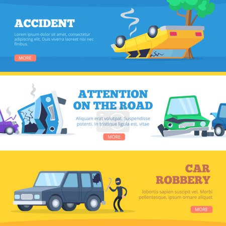 Illustration for Car accidents. Damaged and broken automobiles scene of carsh cars vector pictures for banners. Auto crash, collision vehicle, automobile damage and broken illustration - Royalty Free Image