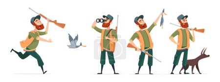 Illustration for Cartoon hunters. Vector hunter with dog, guns, binoculars, duck isolated on white background. Hunter run to duck, cartoon bird and shotgun illustration - Royalty Free Image