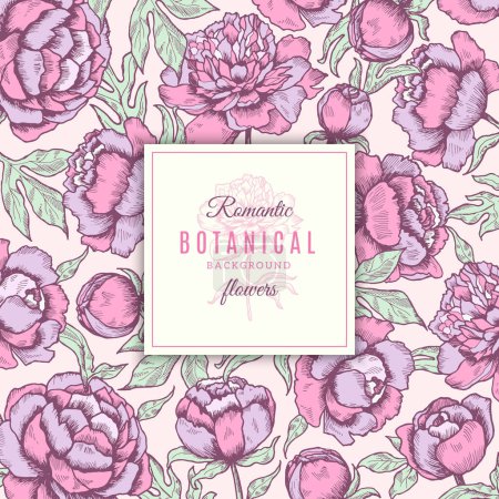 Illustration for Floral background. Botanical frames of peonies flowers with leaves wedding vector concept hand drawn. Illustration of color blossom peony, gardening flora blooming - Royalty Free Image