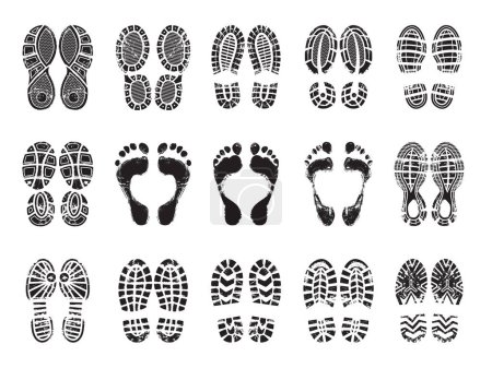 Illustration for Footprint texture. Silhouettes of sneakers for human male and female shoes vector printing pictures. Illustration of imprint silhouette, boot and footprint human - Royalty Free Image