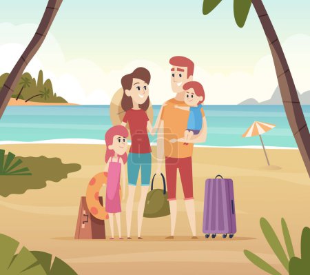 Téléchargez les illustrations : Voyageurs d'été en famille. Enfants avec des parents allant aux vacances d'été grande aventure sur fond de dessin animé vectoriel de la mer. Illustration de voyage et vacances été, en famille ensemble sur la plage de vacances - en licence libre de droit