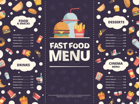 Illustration for Fast food menu. Design template of restaurant menu with fast food flat pictures burger cold drinks donut pizza vector. Illustration of lunch menu, hamburger and soda, drink and, pizza - Royalty Free Image