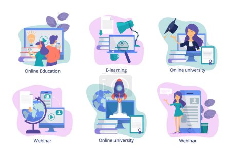 Illustration for Online education. Web study distance trainings tutorials webinars and courses for students from teachers vector concept pictures. Illustration of webinar and e-leaning, online course, studying seminar - Royalty Free Image