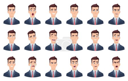 Illustration for Man emotions. Facial characters different faces sadness hate smile head portrait vector characters. Head avatar angry face, happy emotion illustration - Royalty Free Image