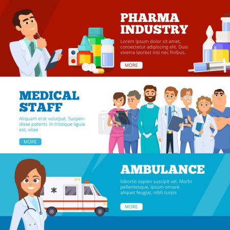 Illustration for Medical banners. Doctors ambulance and pharma industry medicaments vector flat web online banners. Medical doctor and banner for clinic support illustration - Royalty Free Image