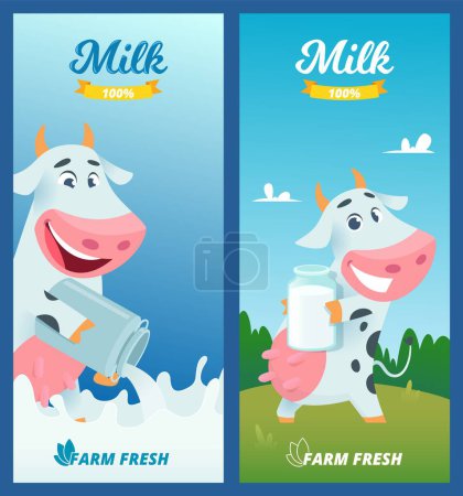 Illustration for Milk banners. Cartoon funny cow advertising illustration with farm concept vector pictures. Illustration of milk and cow cattle, agriculture farm product - Royalty Free Image