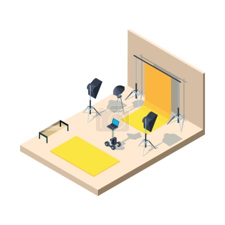 Illustration for Photo studio interior. Photographing professional equipment camera lamps tripod softbox directional light flashes vector isometric. Studio professional, photography interior room illustration - Royalty Free Image
