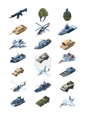 Illustration for Military isometric. Security guards in uniform soldiers with tanks all-terrain vehicle machine guns grenades shields vector collection. Illustration of military war machine, isometric transport - Royalty Free Image