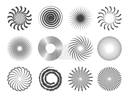 Téléchargez les illustrations : Conception en spirale. Cercles tourbillonne et tourbillon stylisé formes vectorielles abstraites isolées. Illustration de tourbillon et tourbillon, tourbillon radial, mouvement de torsion - en licence libre de droit