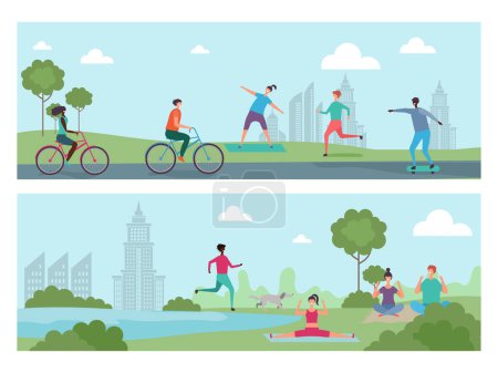 Illustration for Sports people in the city park. Outdoor activity, international people riding bicycles, running, doing yoga vector illustration. Park city people bicycle and yoga - Royalty Free Image