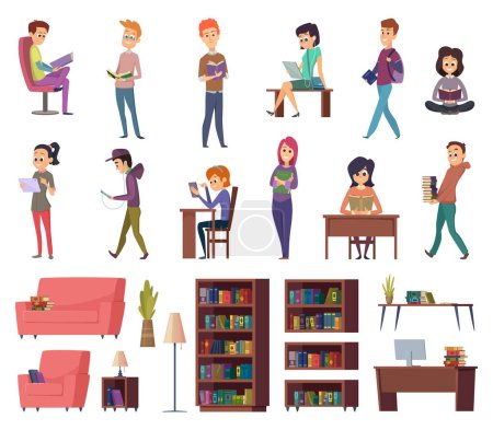 Illustration for Students with books. People in library reading in bibliotheque school knowledge characters vector illustrations. Student character in library, education with literature - Royalty Free Image