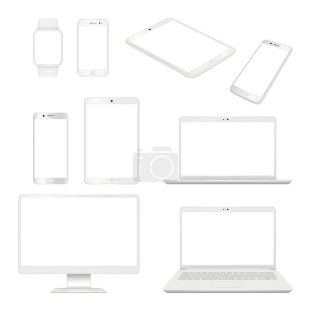 Illustration for Realistic gadgets. Monitor smartphone laptop and tablet blank notebook vector mockup computer devices. Illustration of smartphone and tablet, computer and notebook, display of mobile - Royalty Free Image
