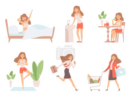 Photo for Woman daily routine. Business lady time management life every day process working mother vector cartoon characters. Illustration of daily routine, workday and yoga - Royalty Free Image
