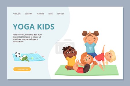 Téléchargez les illustrations : Yoga kigs personnages. Modèle de page de destination vectorielle d'entraînement de sport et de yoga pour enfants. Illustration de fitness enfant yoga, méditation et équilibre - en licence libre de droit