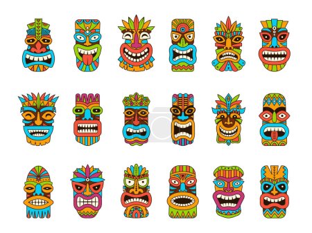 Téléchargez les illustrations : Masques Tiki. Totem hawaii tribal africain symboles en bois traditionnels vectoriels illustrations de masque de couleur. Totem Tiki, masque hawaïen exotique, sculpture africaine en bois - en licence libre de droit