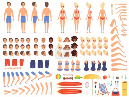 Illustration for Summer people. Creation kit collection of body parts male and female summer characters swimsuit vector vacation travelers collection. Constructor character woman and man body illustration - Royalty Free Image