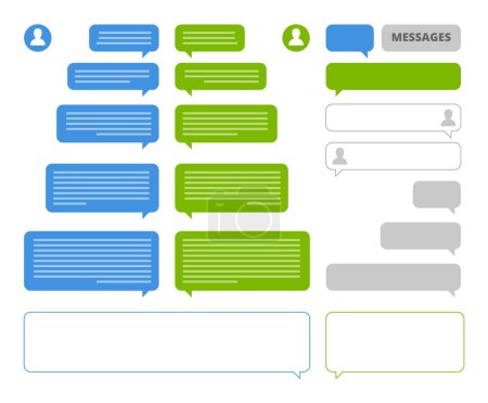 Ilustración de Burbujas de aplicación. Chat cliente burbujas de voz marcos para mensajería móvil social hablar o SMS envío de vectores de chat en blanco cajas. Comunicación mensaje burbuja, SMS ilustración móvil - Imagen libre de derechos