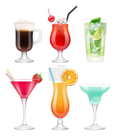 Illustration for Alcoholic cocktails. Glasses with drinks tropical fruits decorated blue margarita vodka martini vector realistic template. Illustration of cocktail drink, alcohol mojito and margarita in glass - Royalty Free Image