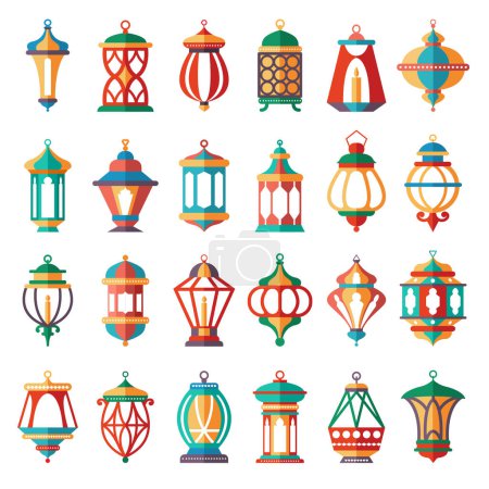 Téléchargez les photos : Des lampes arabes. Vieilles lanternes musulmanes islamiques lumineuses collection vectorielle de dessins animés de couleur isolée sur blanc - en image libre de droit