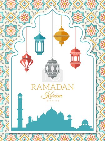 Ilustración de Fondo de lámpara árabe. Banner de decoración Ramadán, tarjeta de felicitación o invitación a una celebración con islam musulmán símbolos linternas vector ilustración árabe - Imagen libre de derechos