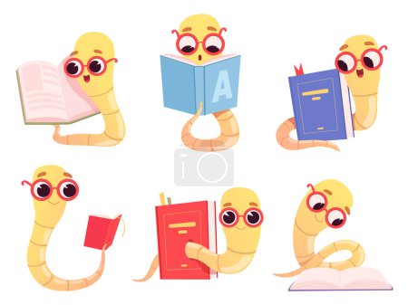 Illustration for Bookworms cartoon. Back to school character reading books library worm happy smart baby animal vector illustrations. Bookworm education, earthworm with book - Royalty Free Image