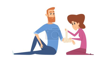 Illustration for Broken arm. Woman applies bandage to man. Injury, emergency medical help vector illustration. Medical care bandage, man with fracture injury - Royalty Free Image